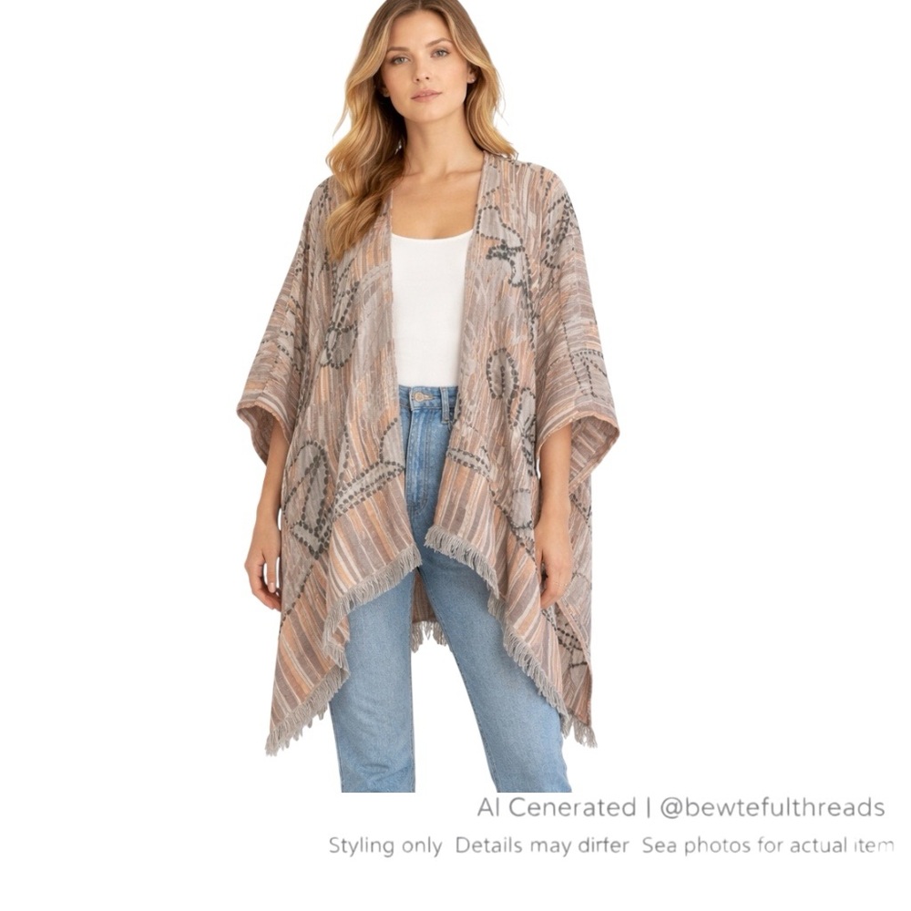 World Market One Size Boho Ruana Wrap Fringe Neutral